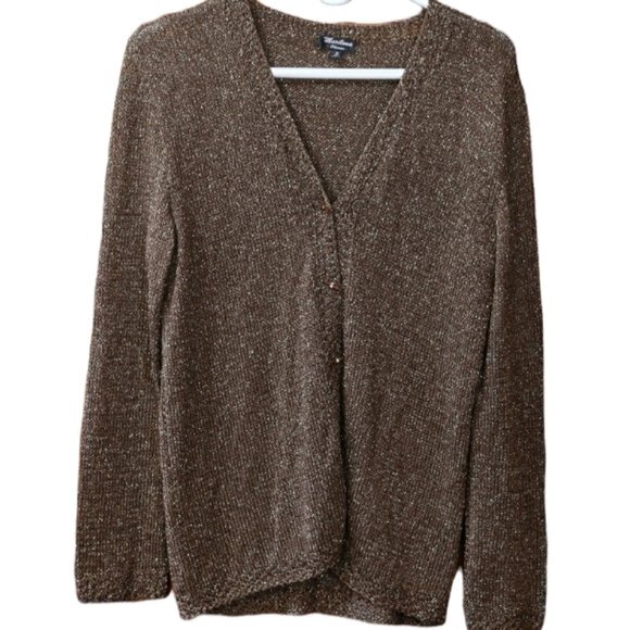 Marilena Brown Gold Sparkly Chunky Toggle Knit Cardigan Sweater Medium - Picture 1 of 11